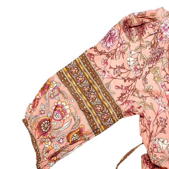 UMGEE Floral Short Dress Rose Gold Tassel Belt 3/4 Puff Sleeve Boho Flowy Large - Picture 6 of 11